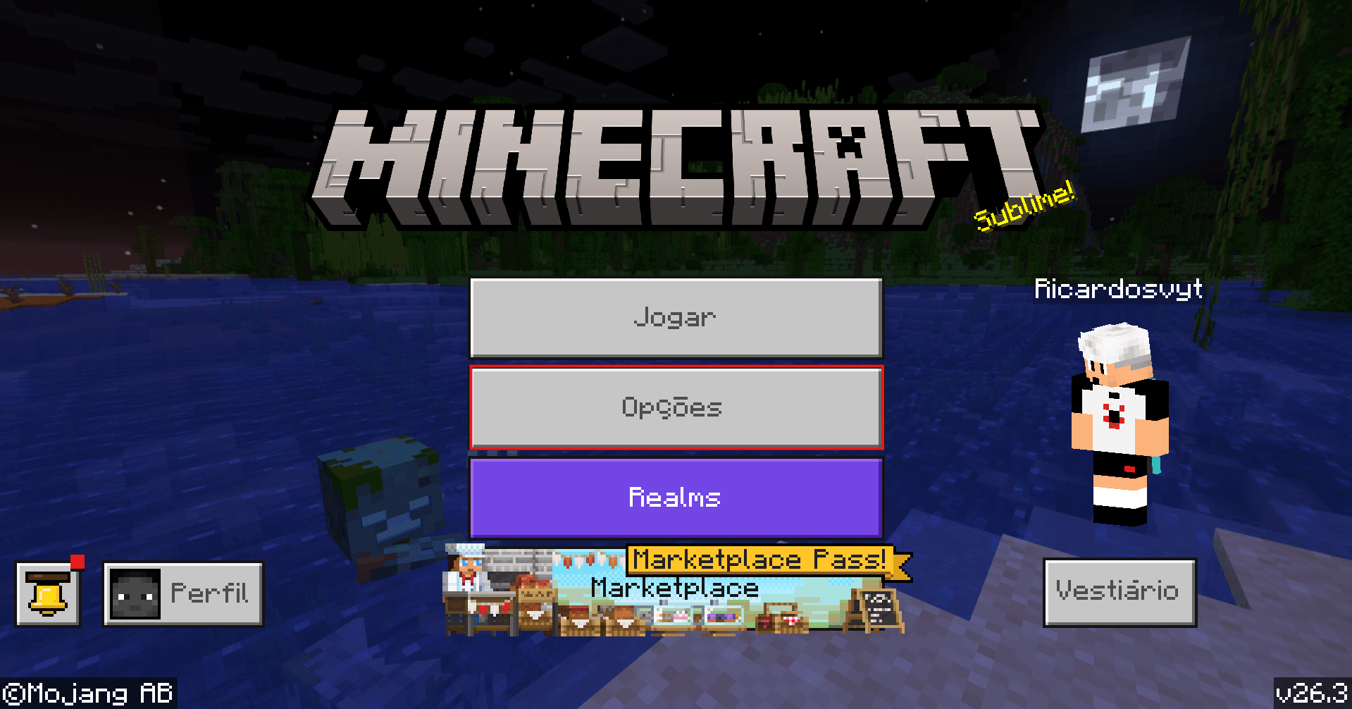 Menu principal do Minecraft com o botão de Opções destacado.